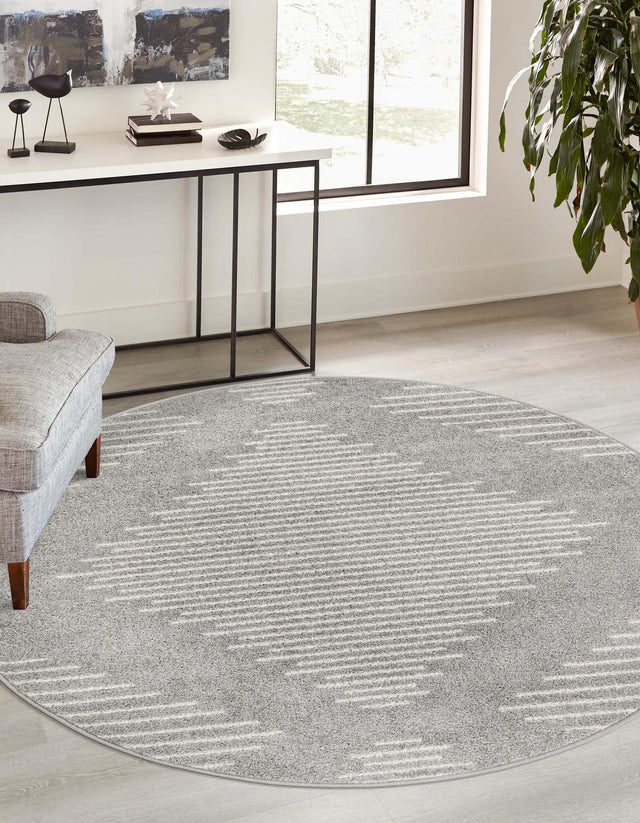 Gray and Ivory 6' 1 x 6' 1 Kai Round Area Rug Easy Clean 100% Polypropylene With Cotton Backing Modern Geometric Carpet for Living, Dining, Office, Bedroom for Sale at Rug Engine