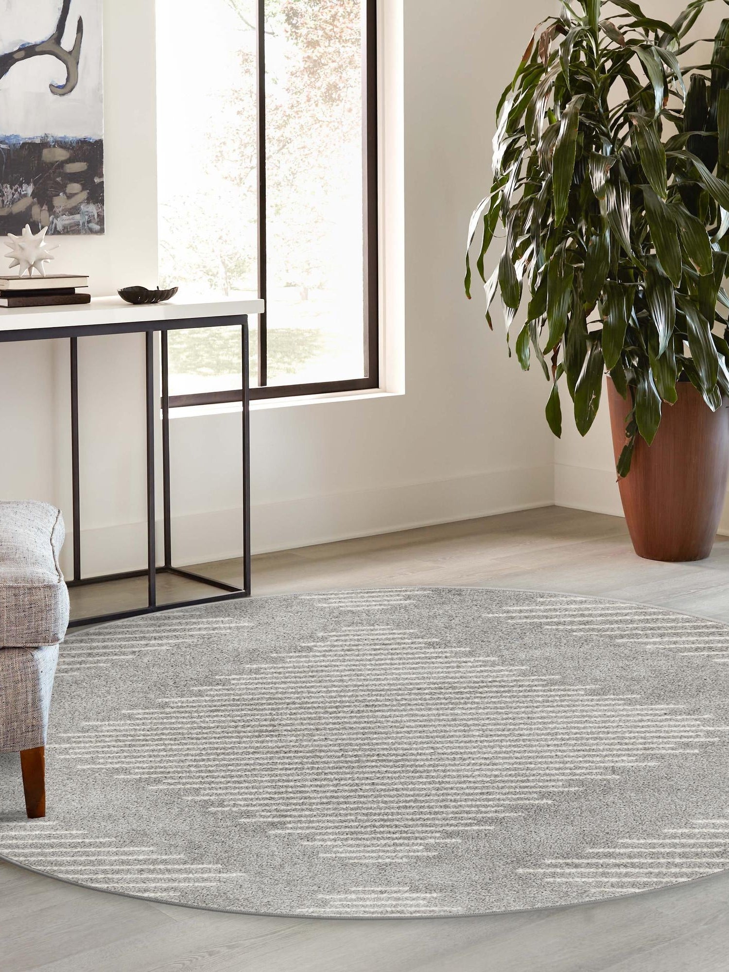 Gray and Ivory 3' 1 x 3' 1 Kai Round Area Rug Easy Clean 100% Polypropylene With Cotton Backing Modern Geometric Carpet for Living, Dining, Office, Bedroom for Sale at Rug Engine