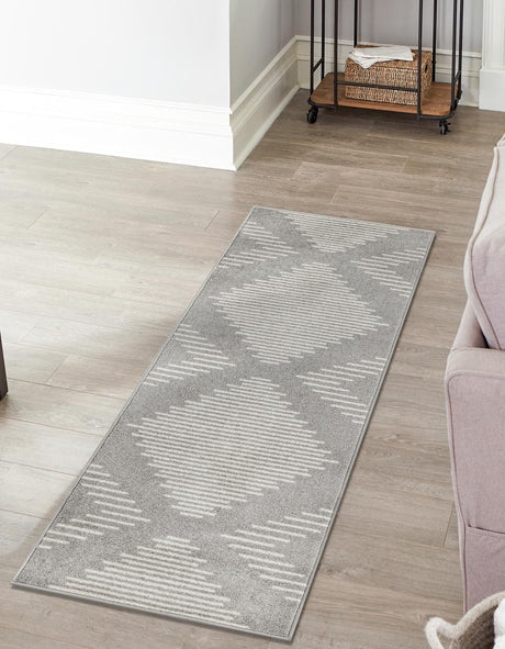 Gray and Ivory 2' 7 x 10' Kai Runner Area Rug Easy Clean 100% Polypropylene With Cotton Backing Modern Geometric Carpet for Living, Dining, Office, Bedroom for Sale at Rug Engine