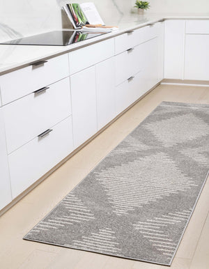 Gray and Ivory 3' 3 x 12' Kai Runner Area Rug Easy Clean 100% Polypropylene With Cotton Backing Modern Geometric Carpet for Living, Dining, Office, Bedroom for Sale at Rug Engine