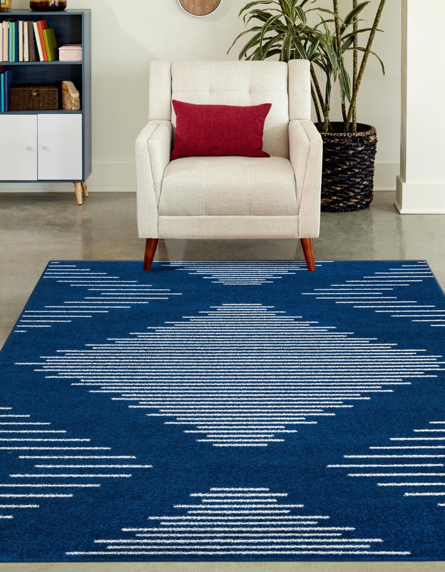Navy Blue 9' x 12' Kai Rectangle Area Rug Easy Clean 100% Polypropylene With Cotton Backing Modern Geometric Carpet for Living, Dining, Office, Bedroom for Sale at Rug Engine