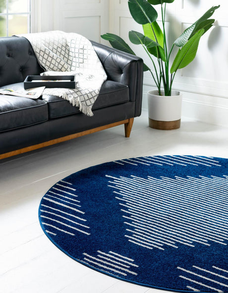Navy Blue 6' 1 x 6' 1 Kai Round Area Rug Easy Clean 100% Polypropylene With Cotton Backing Modern Geometric Carpet for Living, Dining, Office, Bedroom for Sale at Rug Engine