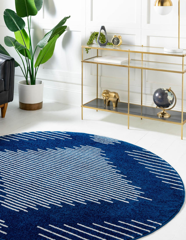 Navy Blue 10' x 10' Kai Round Area Rug Easy Clean 100% Polypropylene With Cotton Backing Modern Geometric Carpet for Living, Dining, Office, Bedroom for Sale at Rug Engine