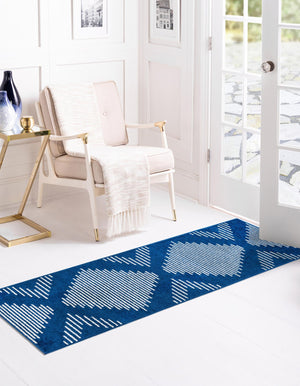Navy Blue 3' 3 x 12' Kai Runner Area Rug Easy Clean 100% Polypropylene With Cotton Backing Modern Geometric Carpet for Living, Dining, Office, Bedroom for Sale at Rug Engine