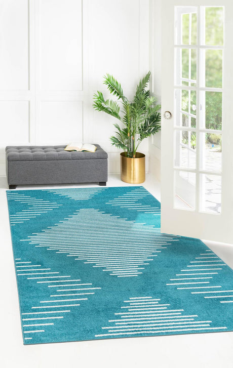 Turquoise 7' 1 x 10' Kai Rectangle Area Rug Easy Clean 100% Polypropylene With Cotton Backing Modern Geometric Carpet for Living, Dining, Office, Bedroom for Sale at Rug Engine