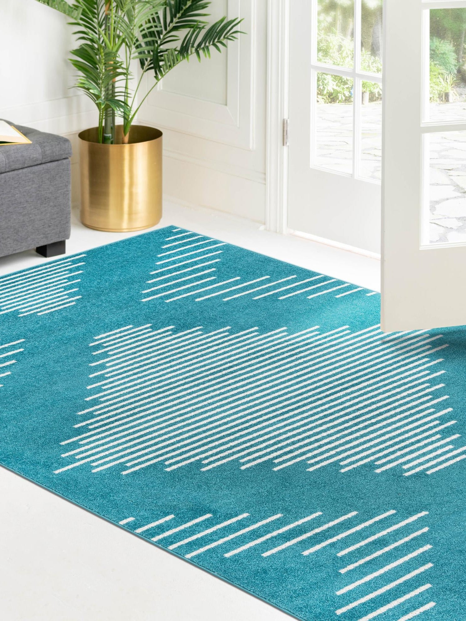Turquoise 7' 10 x 10' Kai Rectangle Area Rug Easy Clean 100% Polypropylene With Cotton Backing Modern Geometric Carpet for Living, Dining, Office, Bedroom for Sale at Rug Engine
