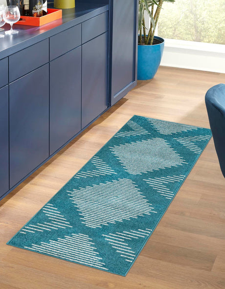 Turquoise 2' 7 x 10' Kai Runner Area Rug Easy Clean 100% Polypropylene With Cotton Backing Modern Geometric Carpet for Living, Dining, Office, Bedroom for Sale at Rug Engine