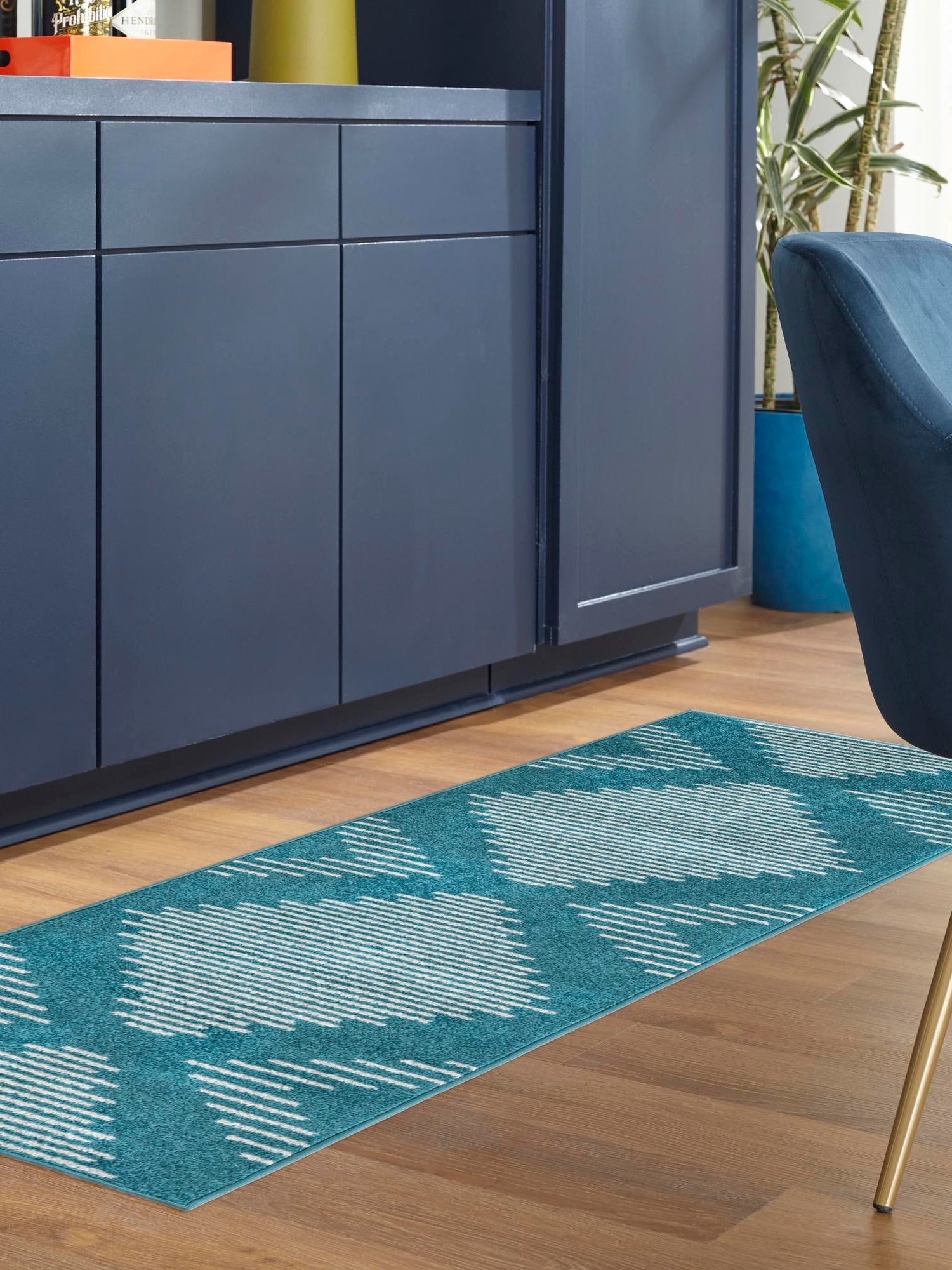 Turquoise 2' x 8' Kai Runner Area Rug Easy Clean 100% Polypropylene With Cotton Backing Modern Geometric Carpet for Living, Dining, Office, Bedroom for Sale at Rug Engine