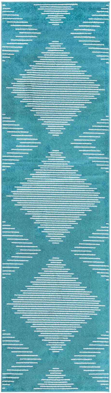 Turquoise 3' 3 x 12' Kai Runner Area Rug Easy Clean 100% Polypropylene With Cotton Backing Modern Geometric Carpet for Living, Dining, Office, Bedroom for Sale at Rug Engine