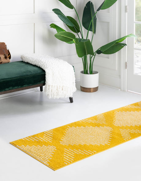 Yellow 2' 7 x 10' Kai Runner Area Rug Easy Clean 100% Polypropylene With Cotton Backing Modern Geometric Carpet for Living, Dining, Office, Bedroom for Sale at Rug Engine