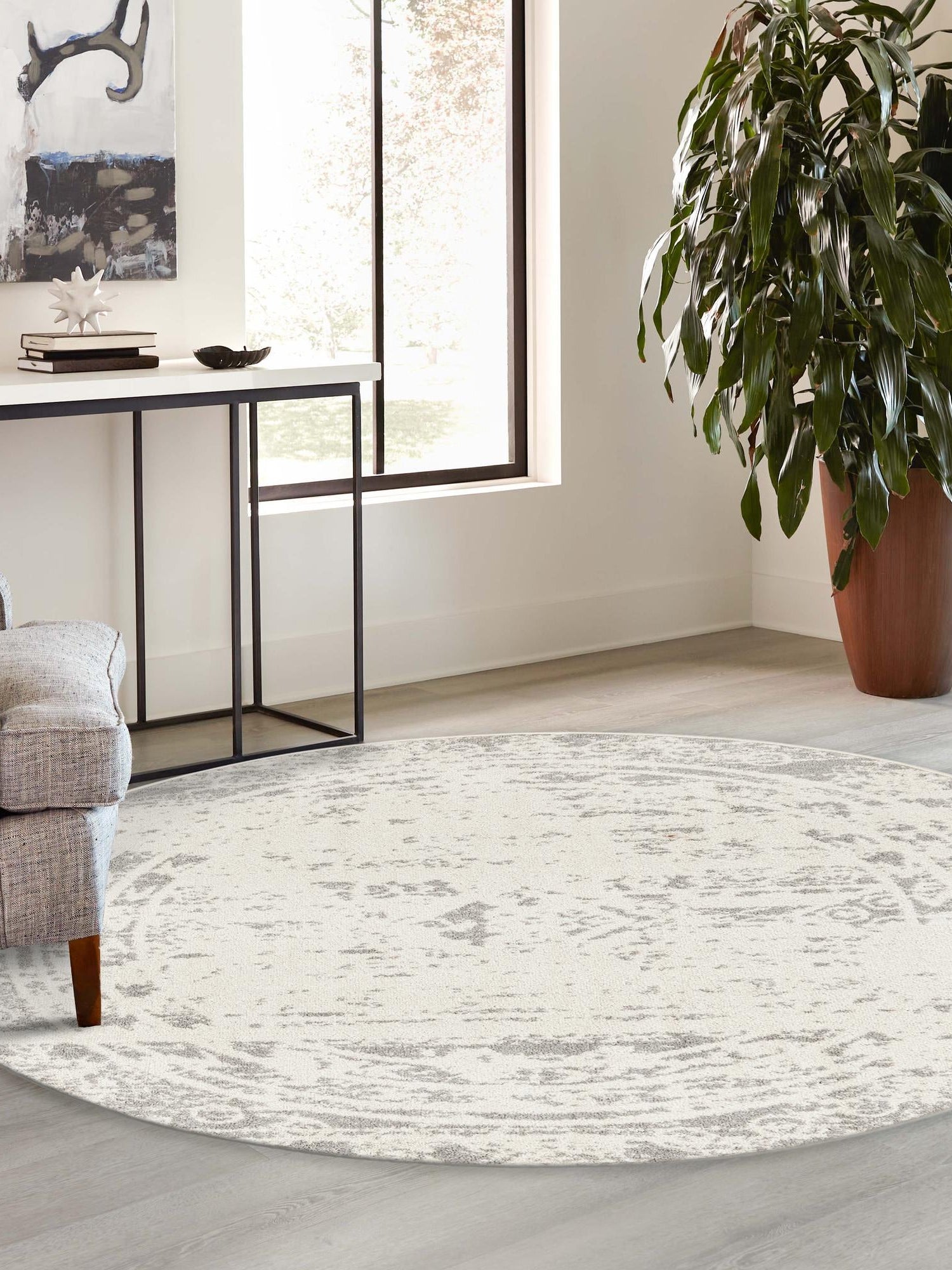 Ivory and Gray 6' 1 x 6' 1 Lennon Round Area Rug 100% Polypropylene Vintage Distressed Look Modern Contemporary Carpet for Home Decor for Sale at Rug Engine