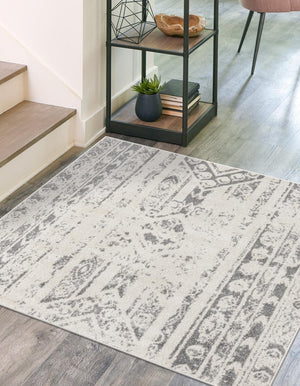 Ivory and Gray 5' 3 x 5' 3 Lennon Square Area Rug 100% Polypropylene Vintage Distressed Look Modern Contemporary Carpet for Home Decor for Sale at Rug Engine