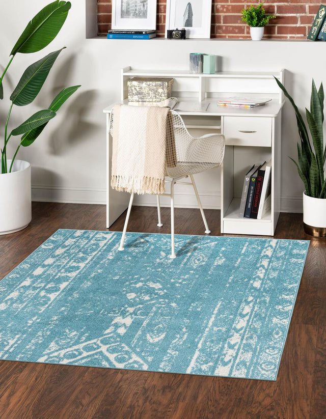 Light Blue 7' 1 x 7' 1 Lennon Square Area Rug 100% Polypropylene Vintage Distressed Look Modern Contemporary Carpet for Home Decor for Sale at Rug Engine