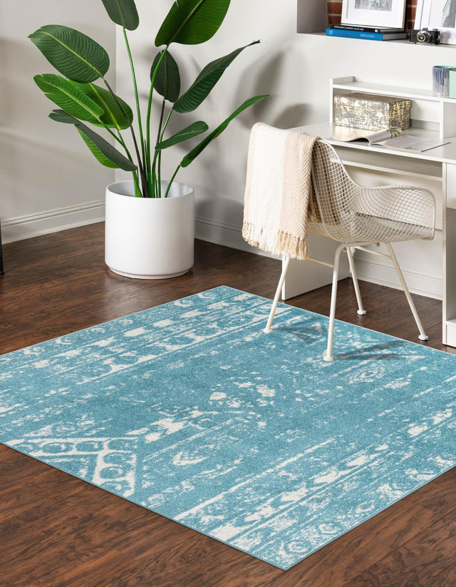 Light Blue 7' 1 x 7' 1 Lennon Square Area Rug 100% Polypropylene Vintage Distressed Look Modern Contemporary Carpet for Home Decor for Sale at Rug Engine