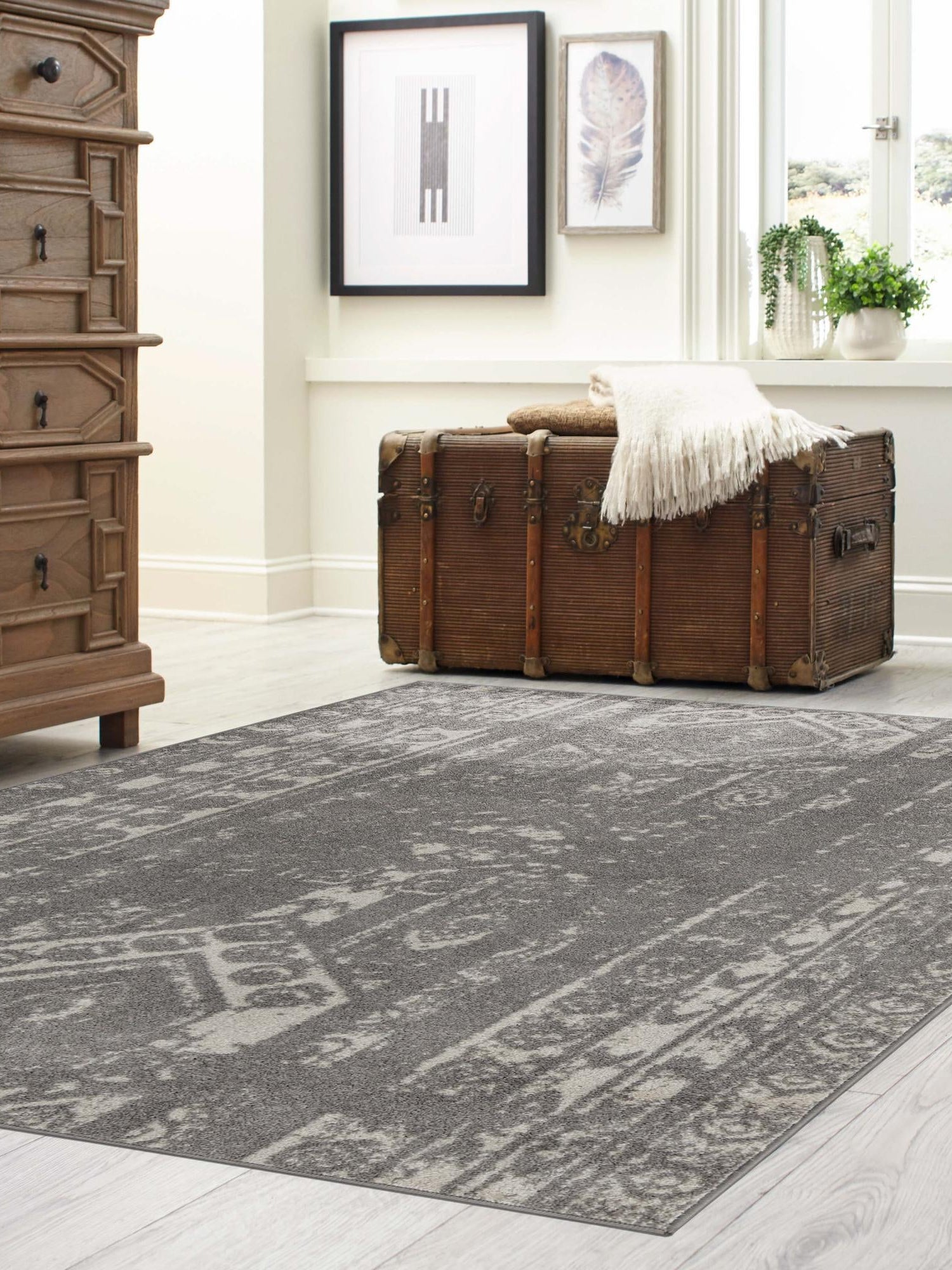 Gray and Ivory 7' 10 x 10' Lennon Rectangle Area Rug 100% Polypropylene Vintage Distressed Look Modern Contemporary Carpet for Home Decor for Sale at Rug Engine