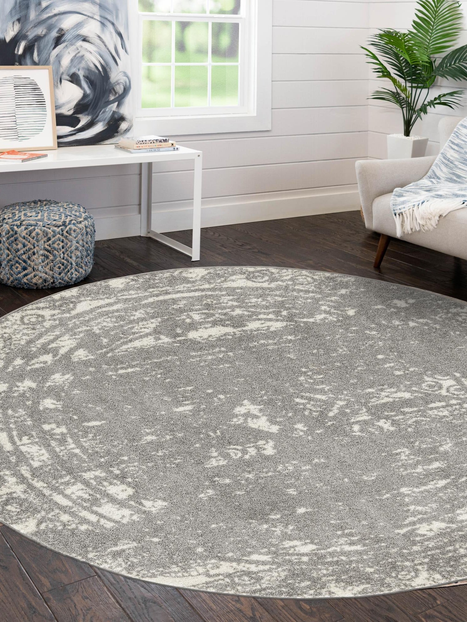 Gray and Ivory 10' x 10' Lennon Round Area Rug 100% Polypropylene Vintage Distressed Look Modern Contemporary Carpet for Home Decor for Sale at Rug Engine