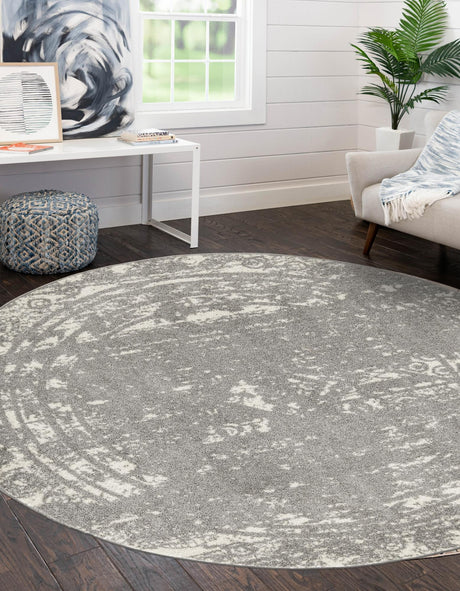 Gray and Ivory 6' 1 x 6' 1 Lennon Round Area Rug 100% Polypropylene Vintage Distressed Look Modern Contemporary Carpet for Home Decor for Sale at Rug Engine