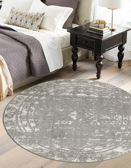Gray and Ivory 3' 1 x 3' 1 Lennon Round Area Rug 100% Polypropylene Vintage Distressed Look Modern Contemporary Carpet for Home Decor for Sale at Rug Engine