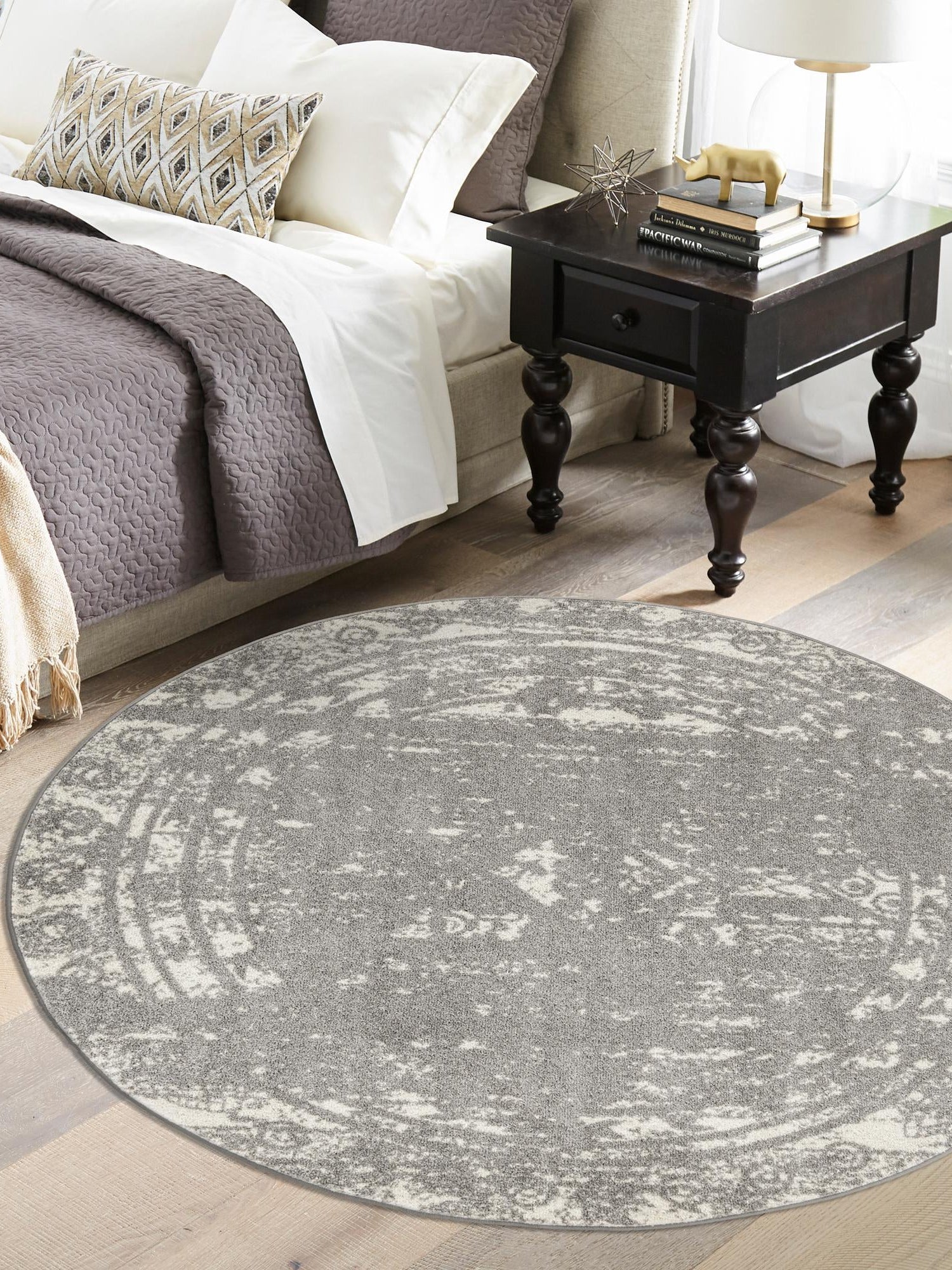 Gray and Ivory 6' 1 x 6' 1 Lennon Round Area Rug 100% Polypropylene Vintage Distressed Look Modern Contemporary Carpet for Home Decor for Sale at Rug Engine