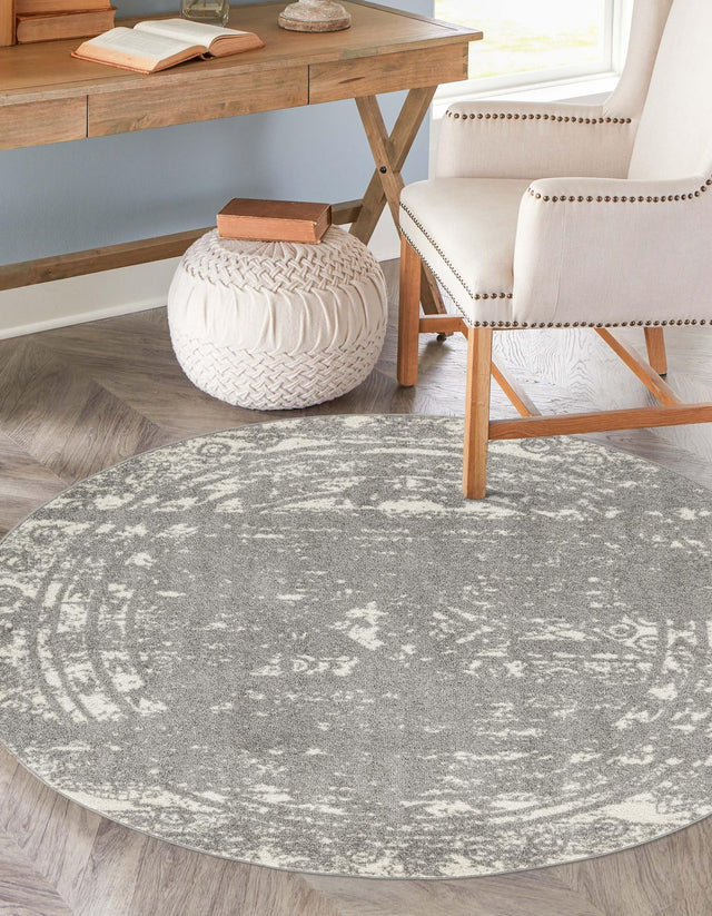Gray and Ivory 6' 1 x 6' 1 Lennon Round Area Rug 100% Polypropylene Vintage Distressed Look Modern Contemporary Carpet for Home Decor for Sale at Rug Engine