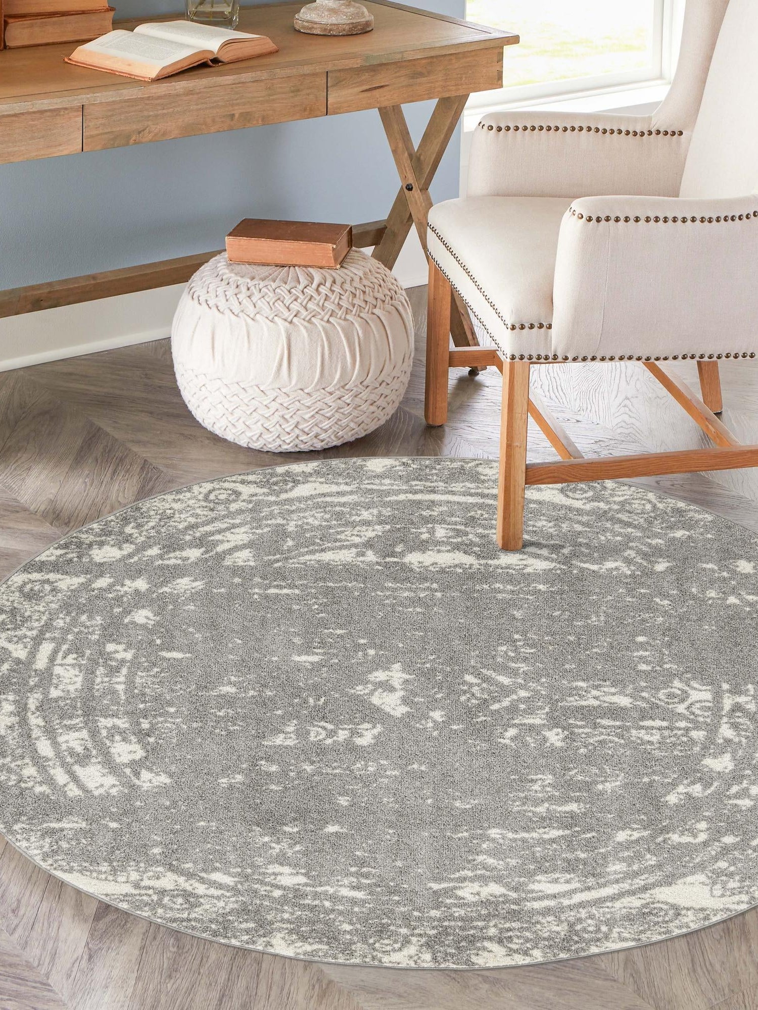 Gray and Ivory 3' 1 x 3' 1 Lennon Round Area Rug 100% Polypropylene Vintage Distressed Look Modern Contemporary Carpet for Home Decor for Sale at Rug Engine