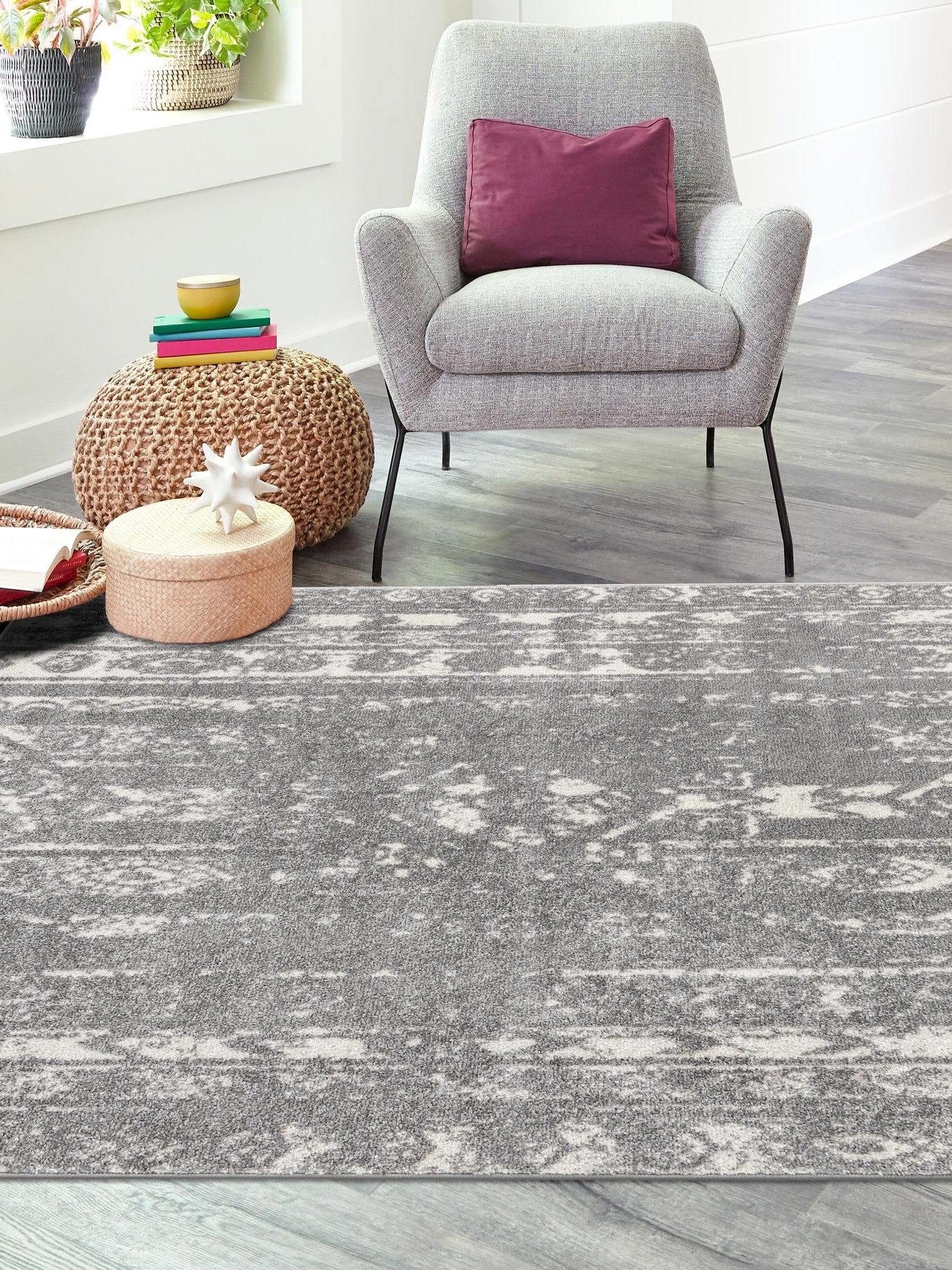 Gray and Ivory 5' 3 x 5' 3 Lennon Square Area Rug 100% Polypropylene Vintage Distressed Look Modern Contemporary Carpet for Home Decor for Sale at Rug Engine