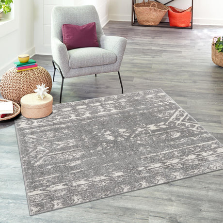 Gray and Ivory 10' x 10' Lennon Square Area Rug 100% Polypropylene Vintage Distressed Look Modern Contemporary Carpet for Home Decor for Sale at Rug Engine