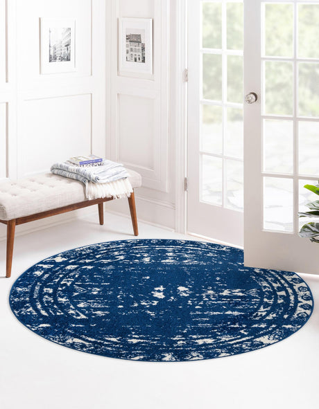 Navy Blue 4' 1 x 4' 1 Lennon Round Area Rug 100% Polypropylene Vintage Distressed Look Modern Contemporary Carpet for Home Decor for Sale at Rug Engine