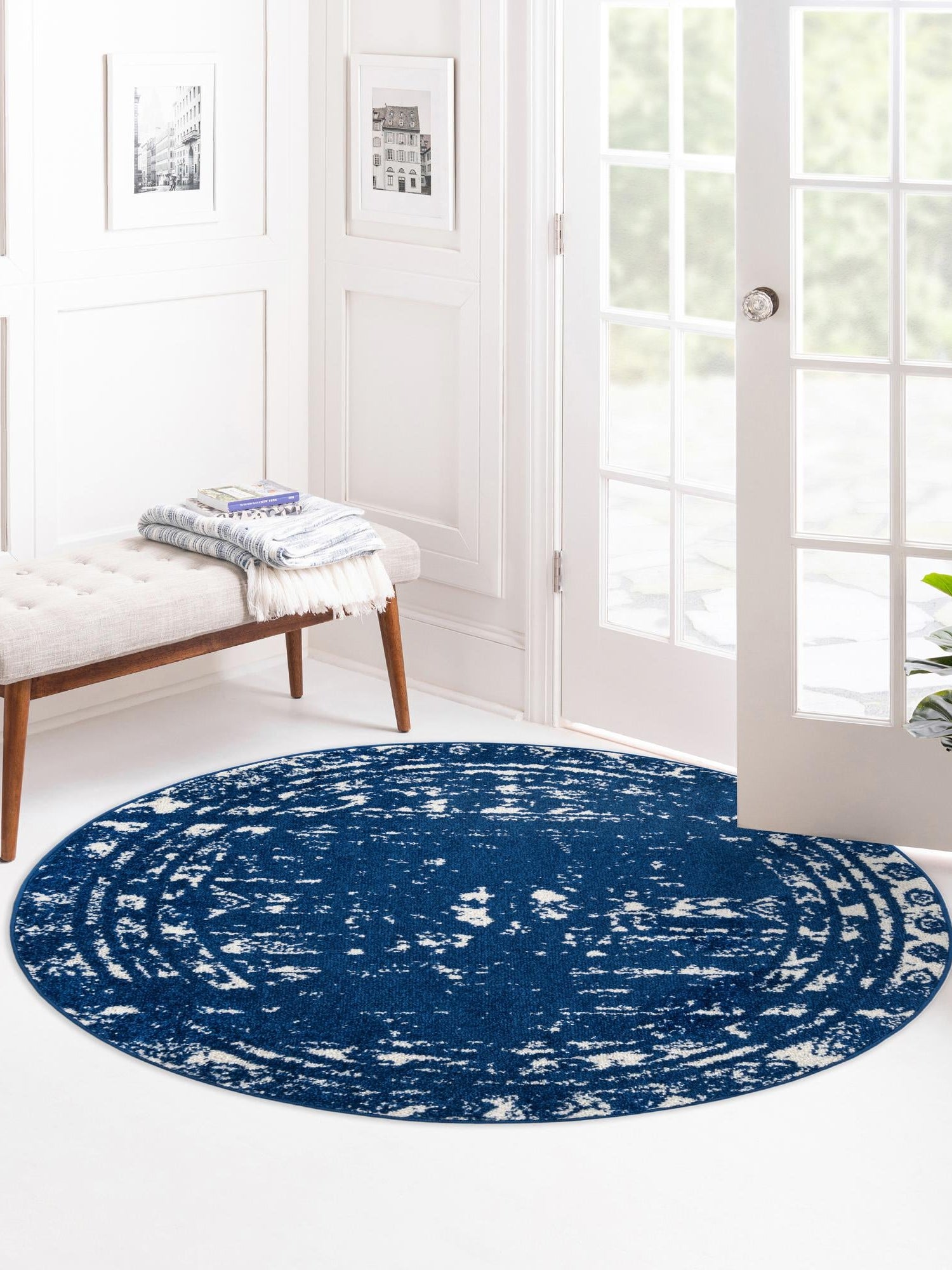 Navy Blue 2' x 7' 10 Lennon Round Area Rug 100% Polypropylene Vintage Distressed Look Modern Contemporary Carpet for Home Decor for Sale at Rug Engine