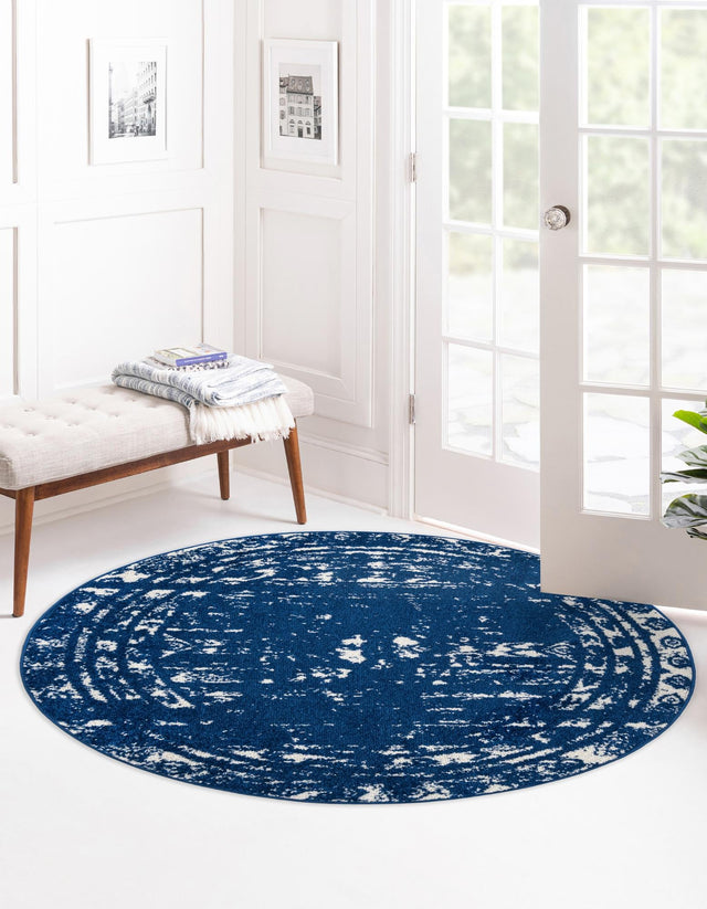 Navy Blue 3' 1 x 3' 1 Lennon Round Area Rug 100% Polypropylene Vintage Distressed Look Modern Contemporary Carpet for Home Decor for Sale at Rug Engine