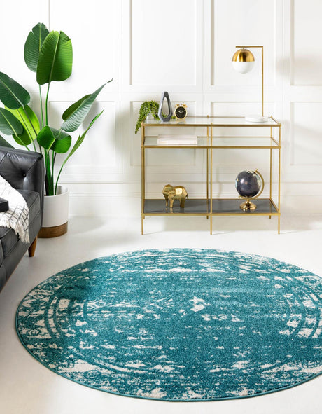 Turquoise 4' 1 x 4' 1 Lennon Round Area Rug 100% Polypropylene Vintage Distressed Look Modern Contemporary Carpet for Home Decor for Sale at Rug Engine