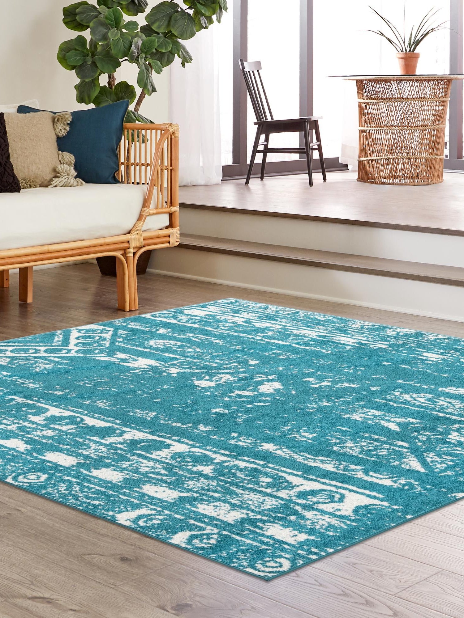 Turquoise 5' 3 x 5' 3 Lennon Square Area Rug 100% Polypropylene Vintage Distressed Look Modern Contemporary Carpet for Home Decor for Sale at Rug Engine