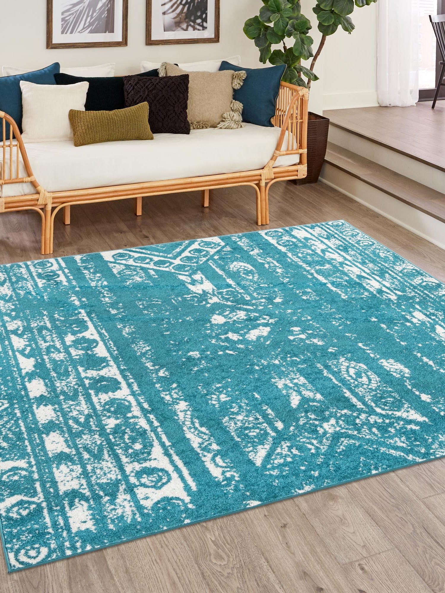 Turquoise 7' 1 x 7' 1 Lennon Square Area Rug 100% Polypropylene Vintage Distressed Look Modern Contemporary Carpet for Home Decor for Sale at Rug Engine