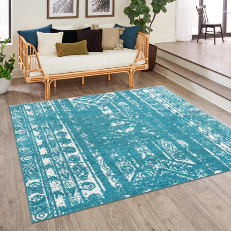 Turquoise 7' 1 x 7' 1 Lennon Square Area Rug 100% Polypropylene Vintage Distressed Look Modern Contemporary Carpet for Home Decor for Sale at Rug Engine