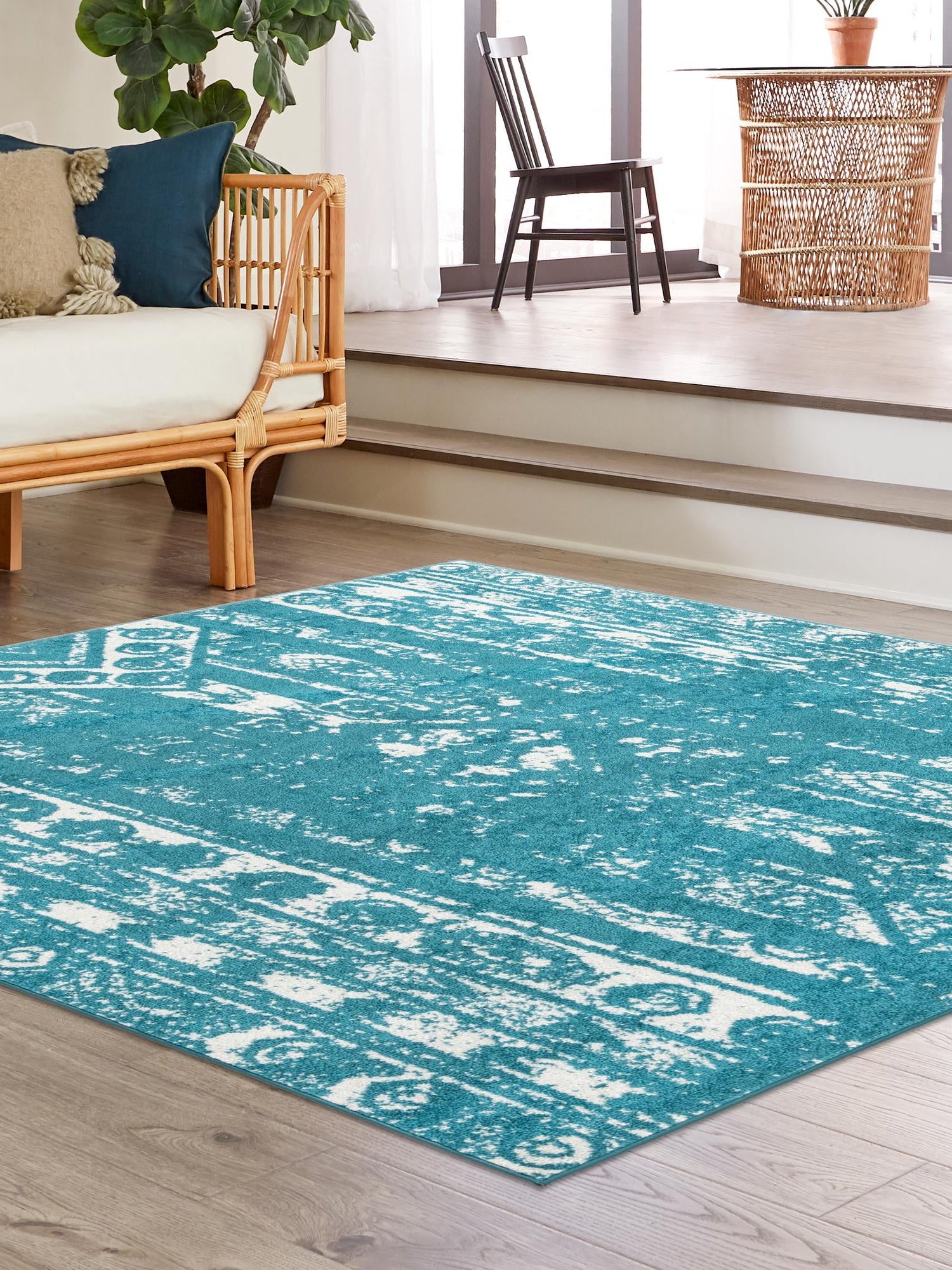 Turquoise 7' 1 x 7' 1 Lennon Square Area Rug 100% Polypropylene Vintage Distressed Look Modern Contemporary Carpet for Home Decor for Sale at Rug Engine