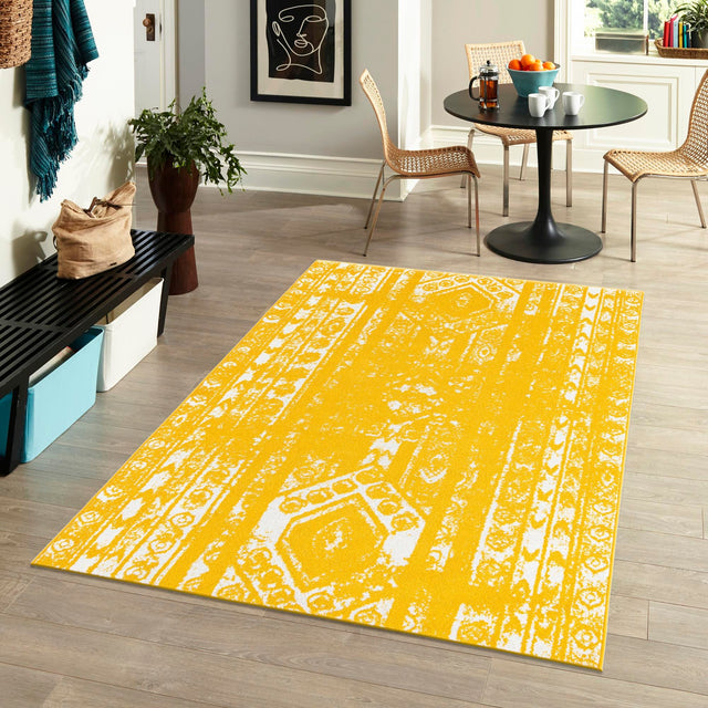 Yellow 7' 1 x 10' Lennon Rectangle Area Rug 100% Polypropylene Vintage Distressed Look Modern Contemporary Carpet for Home Decor for Sale at Rug Engine