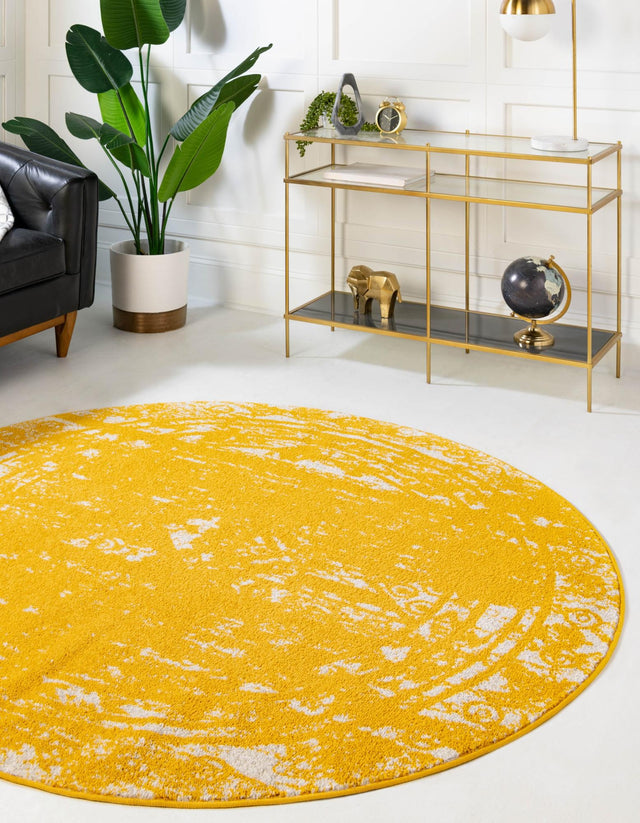 Yellow 4' 1 x 4' 1 Lennon Round Area Rug 100% Polypropylene Vintage Distressed Look Modern Contemporary Carpet for Home Decor for Sale at Rug Engine