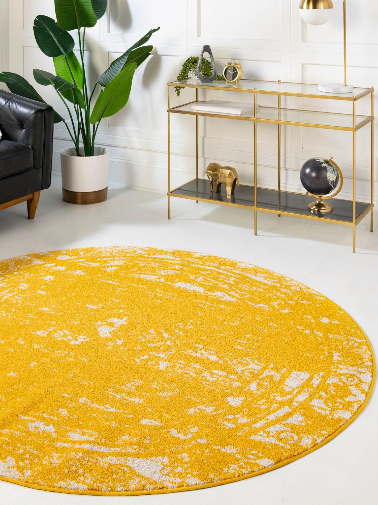 Yellow 3' 1 x 3' 1 Lennon Round Area Rug 100% Polypropylene Vintage Distressed Look Modern Contemporary Carpet for Home Decor for Sale at Rug Engine