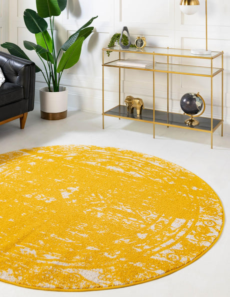 Yellow 6' 1 x 6' 1 Lennon Round Area Rug 100% Polypropylene Vintage Distressed Look Modern Contemporary Carpet for Home Decor for Sale at Rug Engine