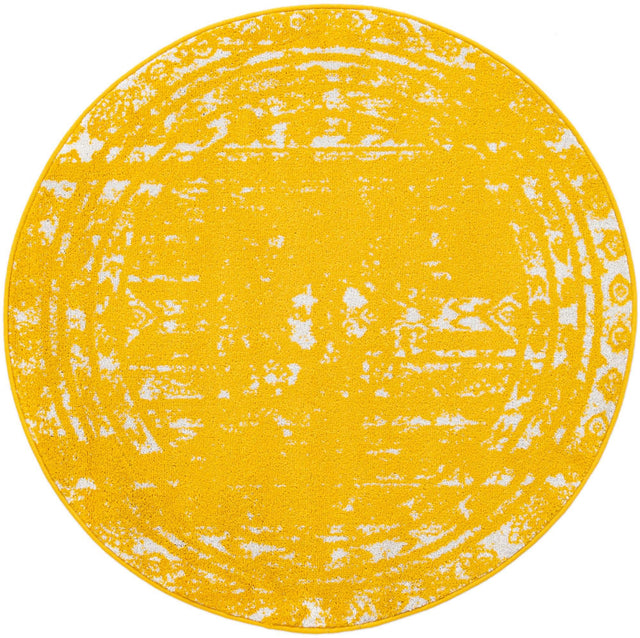 Yellow 4' 1 x 4' 1 Lennon Round Area Rug 100% Polypropylene Vintage Distressed Look Modern Contemporary Carpet for Home Decor for Sale at Rug Engine
