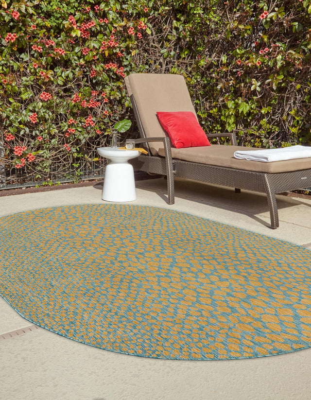 Yellow and Aqua 5' 3 x 8' Jill Zarin Outdoor Oval Area Rug Weather Resistant for Patio, Deck, Terrace, Balcony, Porch Durable 100% Polypropylene Carpet for Outside for Sale at Rug Engine