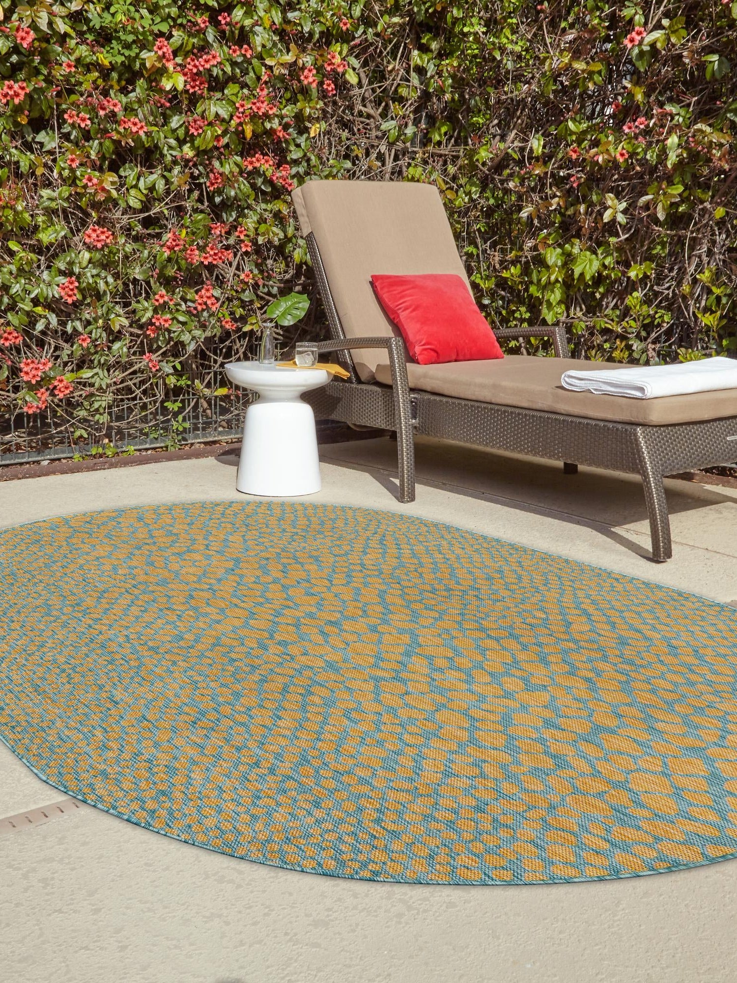 Yellow and Aqua 7' 10 x 10' Jill Zarin Outdoor Oval Area Rug Weather Resistant for Patio, Deck, Terrace, Balcony, Porch Durable 100% Polypropylene Carpet for Outside for Sale at Rug Engine