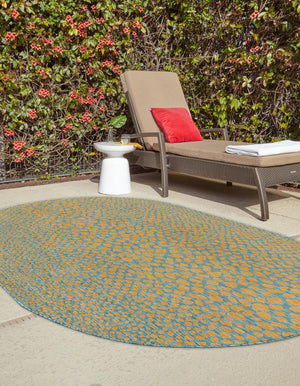 Yellow and Aqua 7' 10 x 10' Jill Zarin Outdoor Oval Area Rug Weather Resistant for Patio, Deck, Terrace, Balcony, Porch Durable 100% Polypropylene Carpet for Outside for Sale at Rug Engine