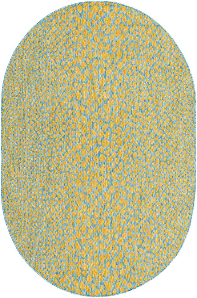 Yellow and Aqua 5' 3 x 8' Jill Zarin Outdoor Oval Area Rug Weather Resistant for Patio, Deck, Terrace, Balcony, Porch Durable 100% Polypropylene Carpet for Outside for Sale at Rug Engine