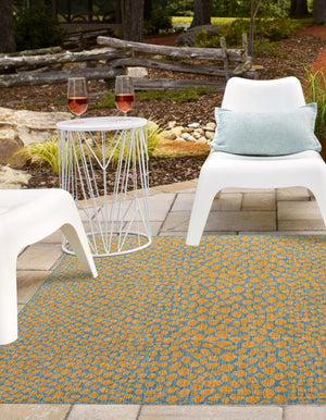 Yellow and Aqua 7' 10 x 7' 10 Jill Zarin Outdoor Square Area Rug Weather Resistant for Patio, Deck, Terrace, Balcony, Porch Durable 100% Polypropylene Carpet for Outside for Sale at Rug Engine