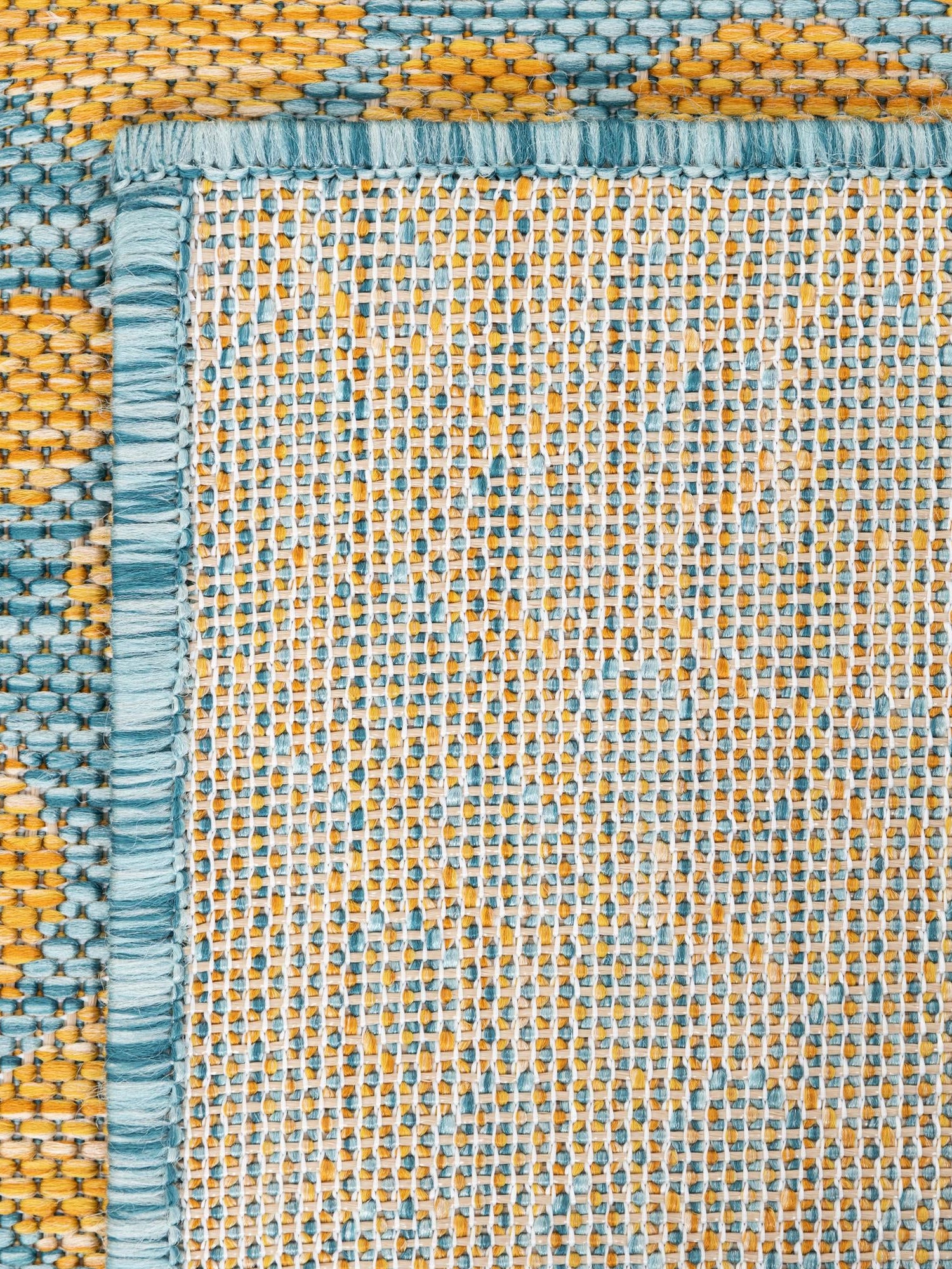 Yellow and Aqua 7' 10 x 7' 10 Jill Zarin Outdoor Square Area Rug Weather Resistant for Patio, Deck, Terrace, Balcony, Porch Durable 100% Polypropylene Carpet for Outside for Sale at Rug Engine