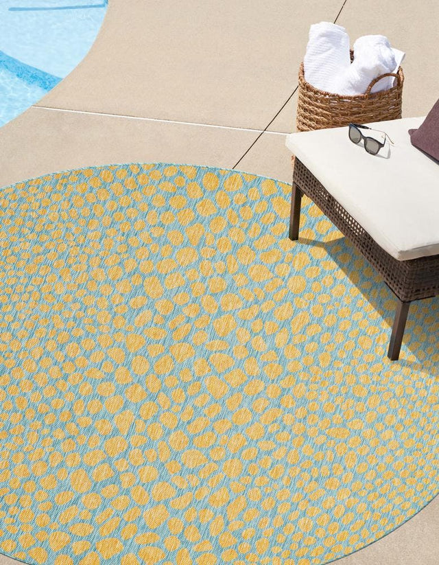 Yellow and Aqua 3' 1 x 3' 1 Jill Zarin Outdoor Round Area Rug Weather Resistant for Patio, Deck, Terrace, Balcony, Porch Durable 100% Polypropylene Carpet for Outside for Sale at Rug Engine