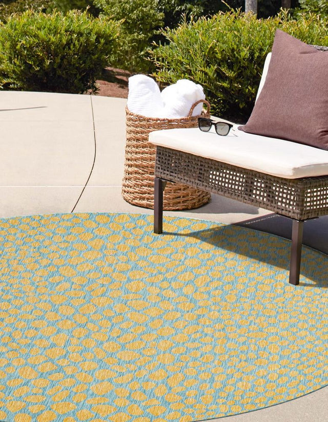 Yellow and Aqua 6' 7 x 6' 7 Jill Zarin Outdoor Round Area Rug Weather Resistant for Patio, Deck, Terrace, Balcony, Porch Durable 100% Polypropylene Carpet for Outside for Sale at Rug Engine