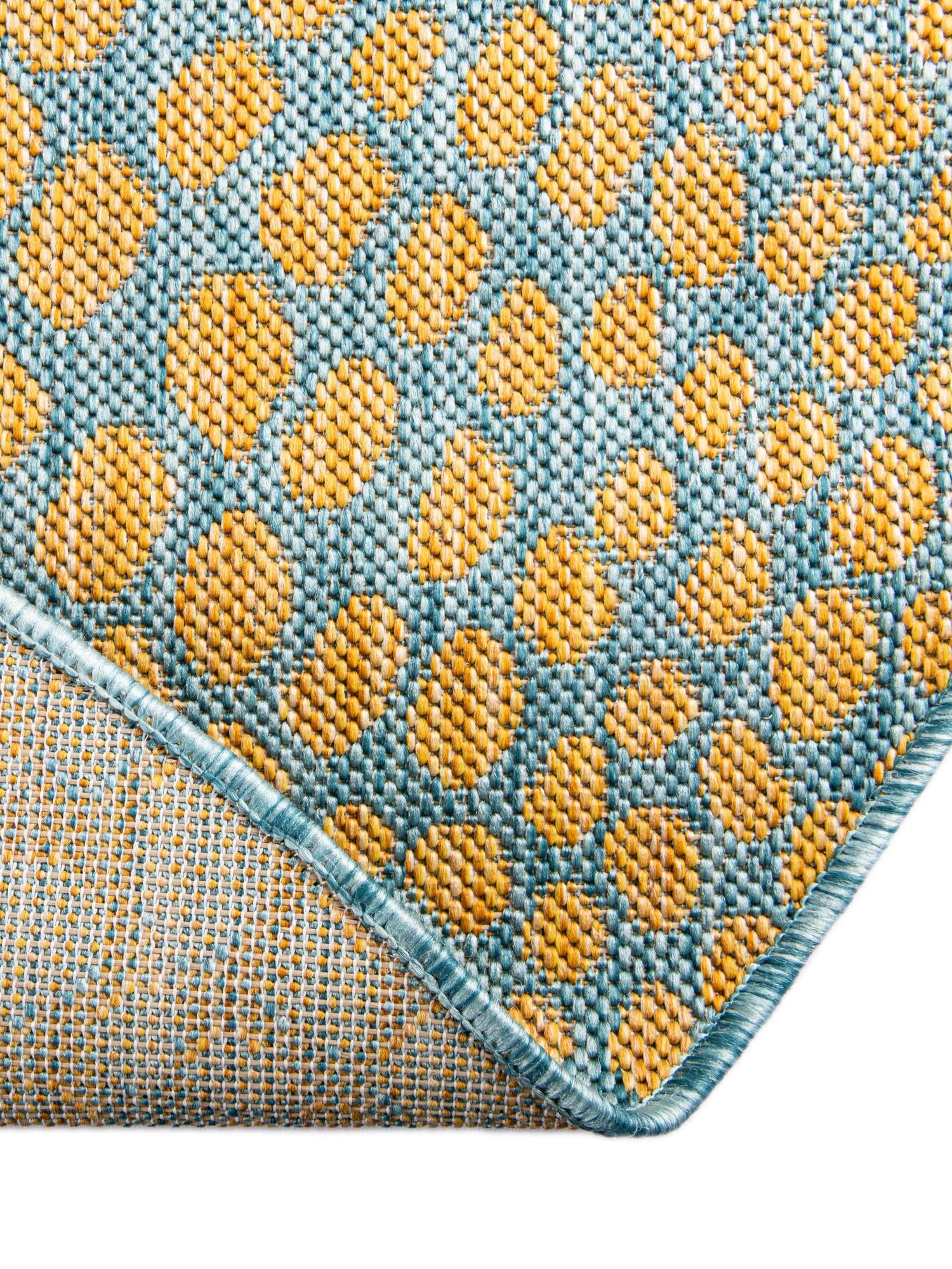 Yellow and Aqua 6' 7 x 6' 7 Jill Zarin Outdoor Round Area Rug Weather Resistant for Patio, Deck, Terrace, Balcony, Porch Durable 100% Polypropylene Carpet for Outside for Sale at Rug Engine