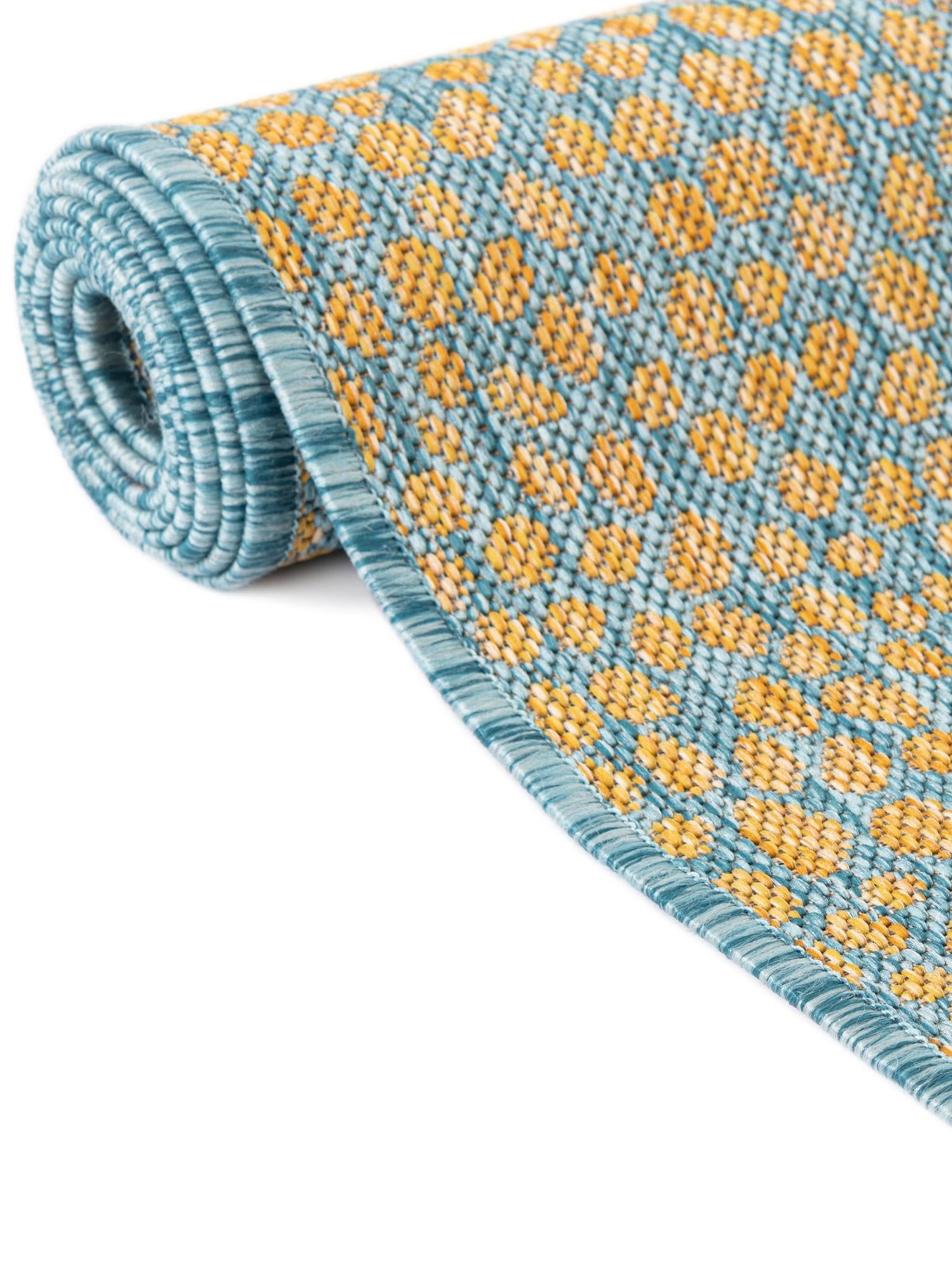 Yellow and Aqua 13' 1 x 13' 1 Jill Zarin Outdoor Round Area Rug Weather Resistant for Patio, Deck, Terrace, Balcony, Porch Durable 100% Polypropylene Carpet for Outside for Sale at Rug Engine